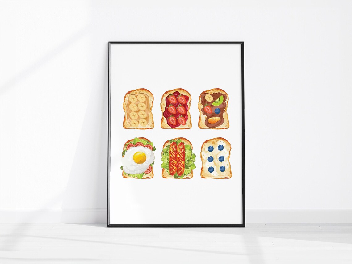 Breakfast Toast Six Ways Sweet Savory Food Illustration Kitchen Poster