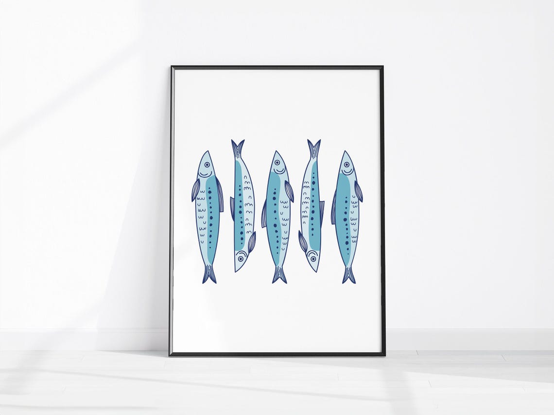 Five Blue Sardines Coastal Fish Illustration Kitchen Decor Poster
