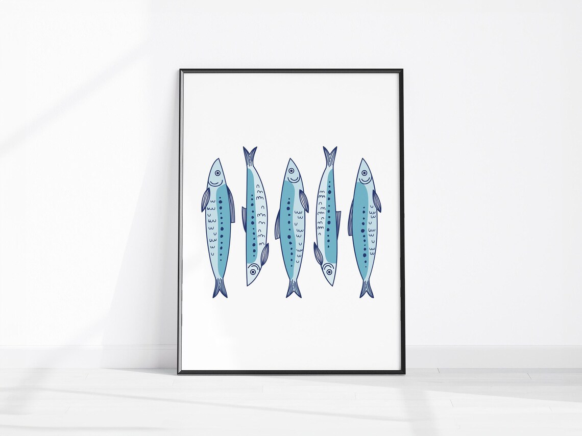 Sardines Kitchen Print Sardine Prints Fish Art Blue Poster Retro Decor Wall