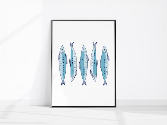 Sardines Kitchen Print Sardine Prints Fish Art Blue Poster Retro Decor Wall