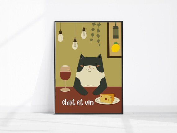 Chat et Vin Cute Tuxedo Cat With Wine Glass Cheese Plate Poster