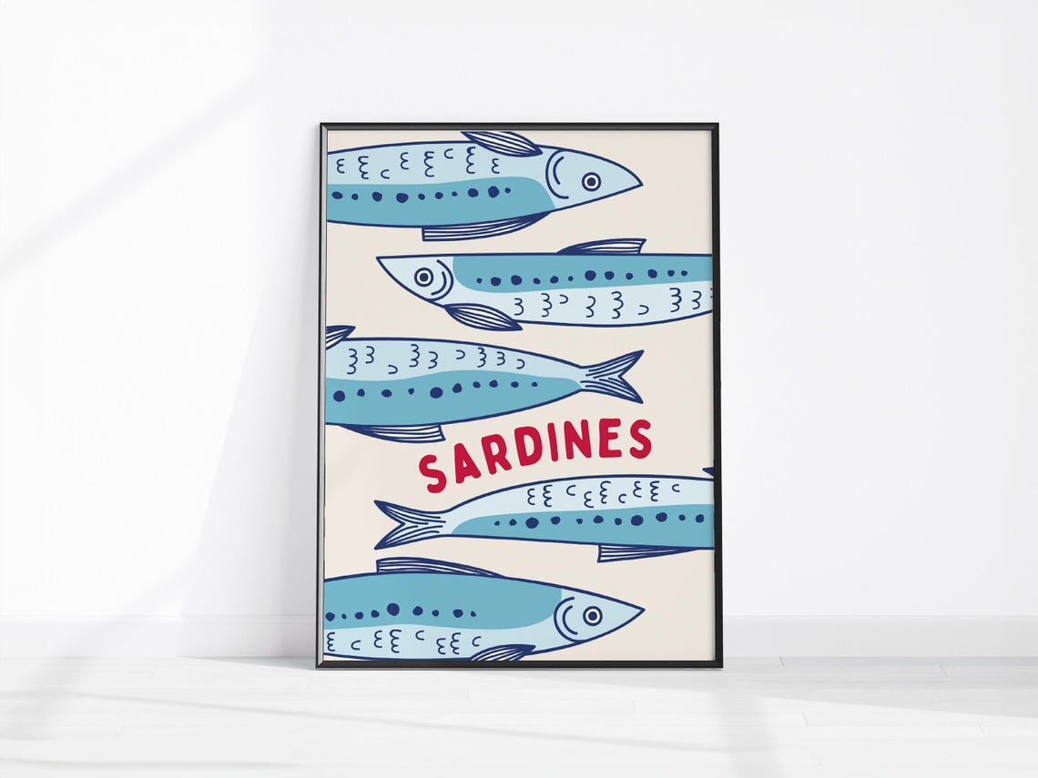 Sardines Retro Fish Illustration Blue Kitchen Typography Poster