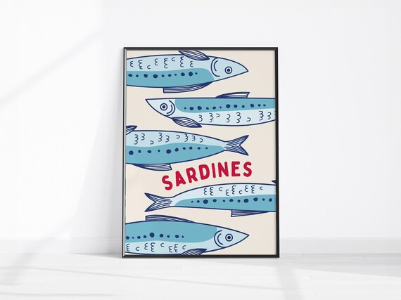 Sardines Retro Fish Illustration Blue Kitchen Typography Poster