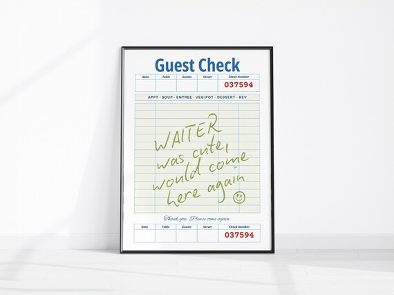 Waiter Was Cute Print Food Guest Check Poster Retro Kitchen Wall Art Maximalist Trendy Dining Room Decor