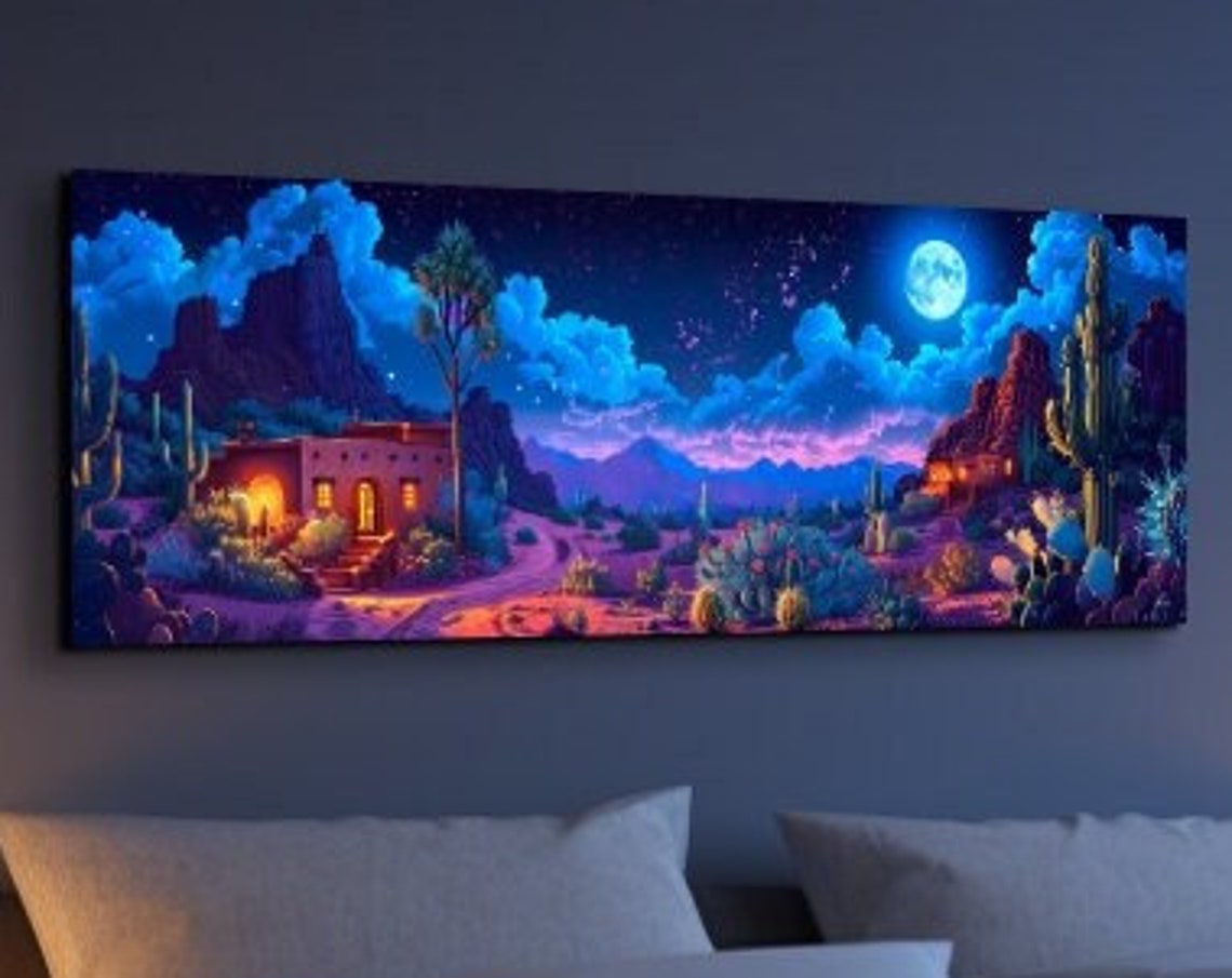 Desert Night Adobe House Saguaro Cactus Full Moon Neon Sky Wall Art