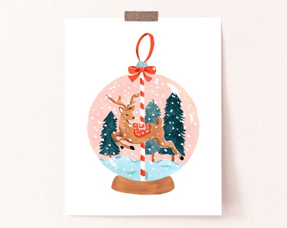 Reindeer Globe Holiday Christmas Watercolor Art Print