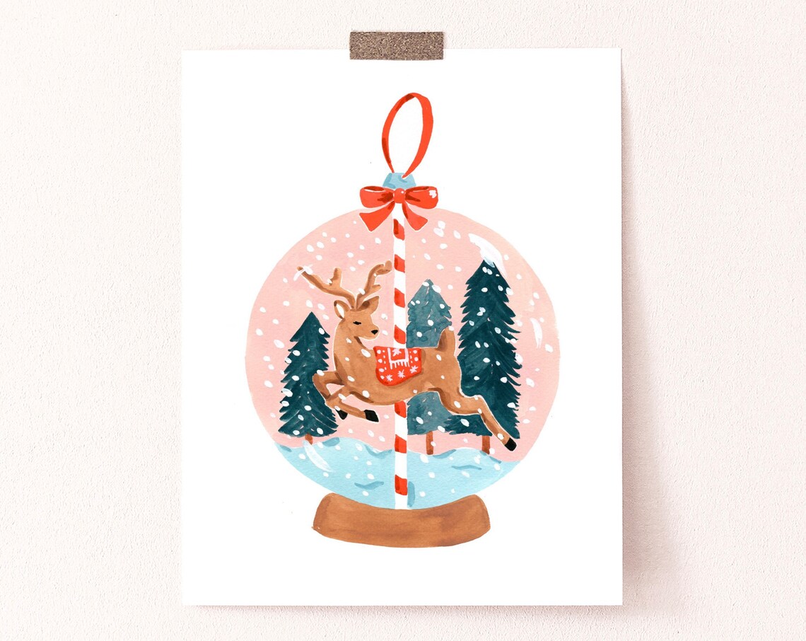 Reindeer Globe Holiday Christmas Watercolor Art Print