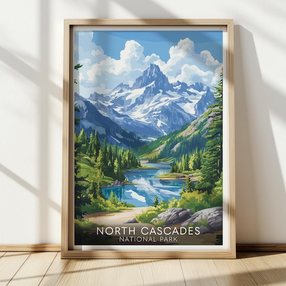 North Cascades National Park Snowy Peak Lake Forest Vintage Travel Poster
