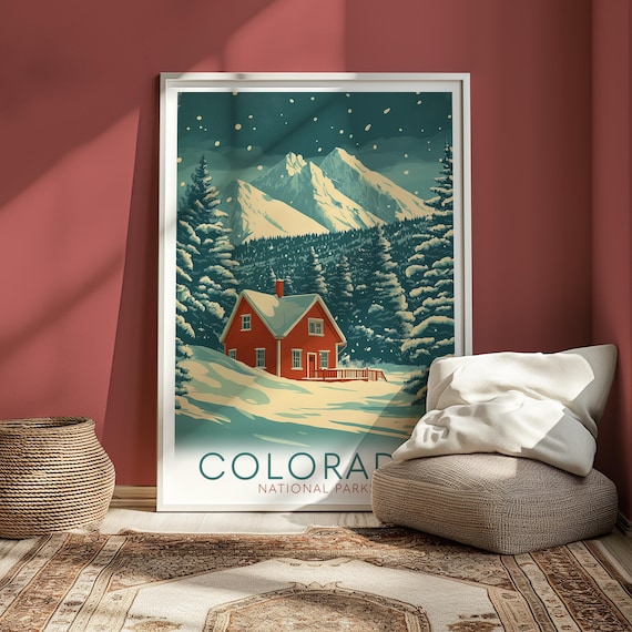 Colorado National Parks Snowy Red Cabin Winter Travel Poster