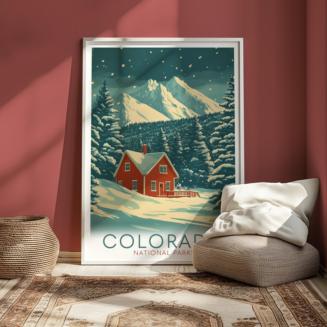 Colorado National Parks Snowy Red Cabin Winter Travel Poster