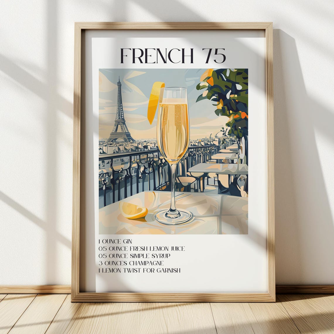 French 75 Cocktail Recipe Paris Eiffel Tower Bar Kitchen Poster