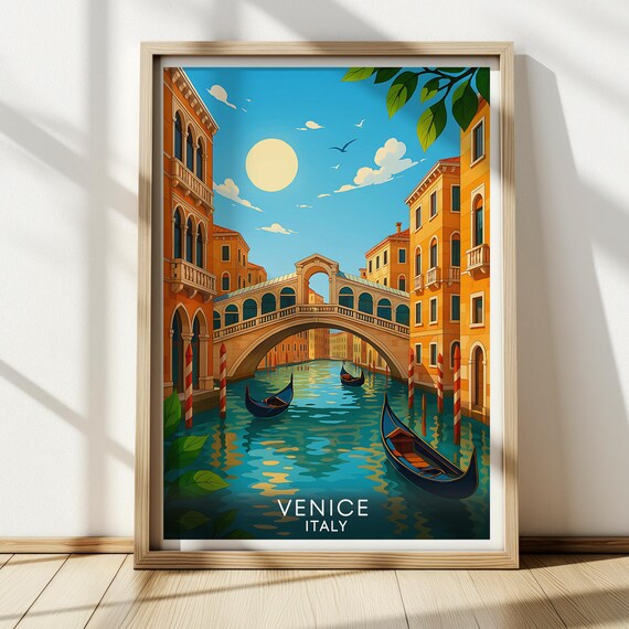 Venice Italy Rialto Bridge Gondolas Grand Canal Sunny Travel Poster
