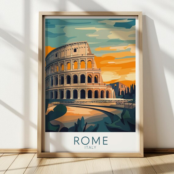 Rome Italy Colosseum Ancient Amphitheater Sunset Skyline Travel Poster