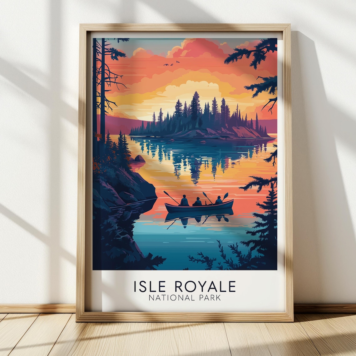 Isle Royale National Park Sunset Canoe Reflection Vintage Travel Poster