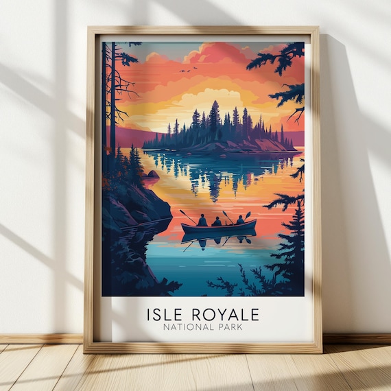Isle Royale National Park Sunset Canoe Reflection Vintage Travel Poster