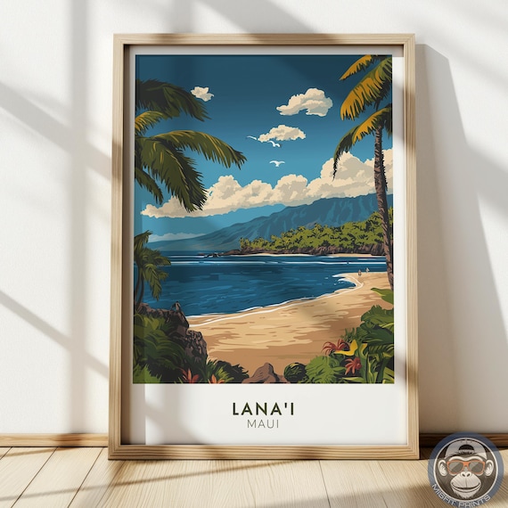 Lana'i Maui Crescent Beach Palm Fringed Coast Vintage Travel Poster