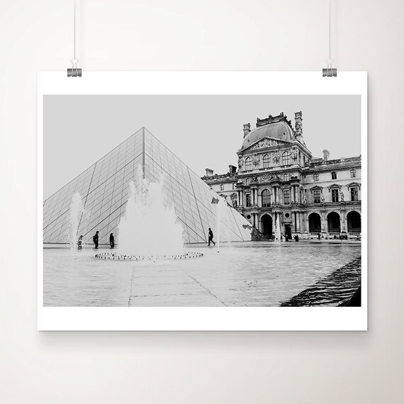 Black And White Louvre Photograph Large Paris Wall Art In The Rain Print Architecture Decor