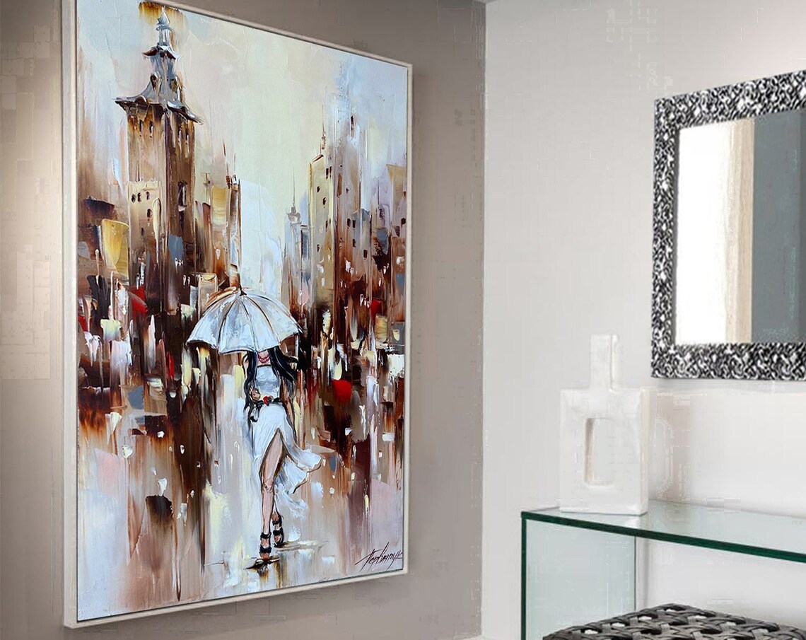 Woman With Umbrella Rainy City Street White Dress Abstract Art Poster - Image 2