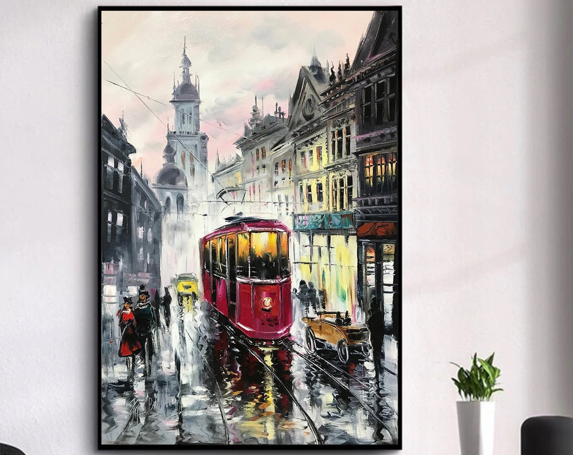 Red Vintage Tram Rainy European Old Town Street Night Lights Poster - Image 3