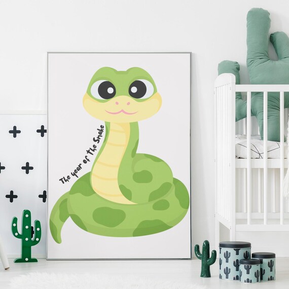 Cute Green Snake Year Of The Snake Cartoon Nursery Wall Art Poster
