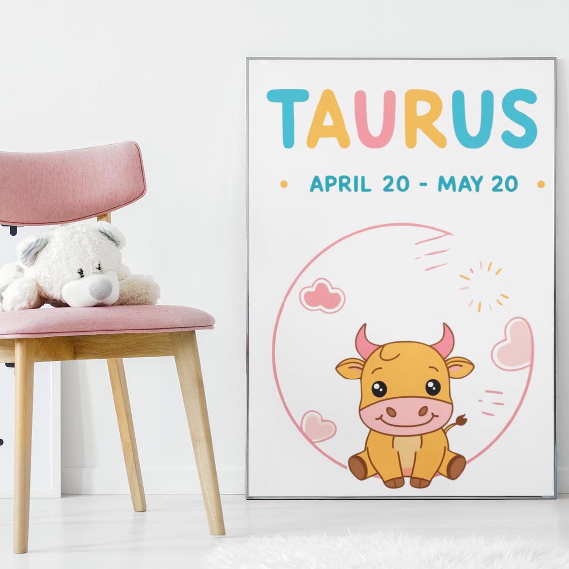 Taurus Zodiac Nursery Print Smiling Baby Calf Star Sign Decor