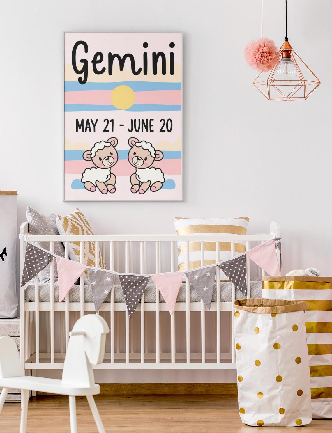 Gemini Zodiac Nursery Poster Cute Twin Lambs Pastel Kids Room Decor - Image 2