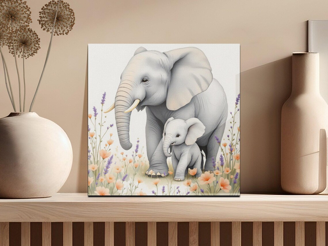 Mother Elephant and Calf in Wildflowers Watercolor Nursery Poster - Image 2