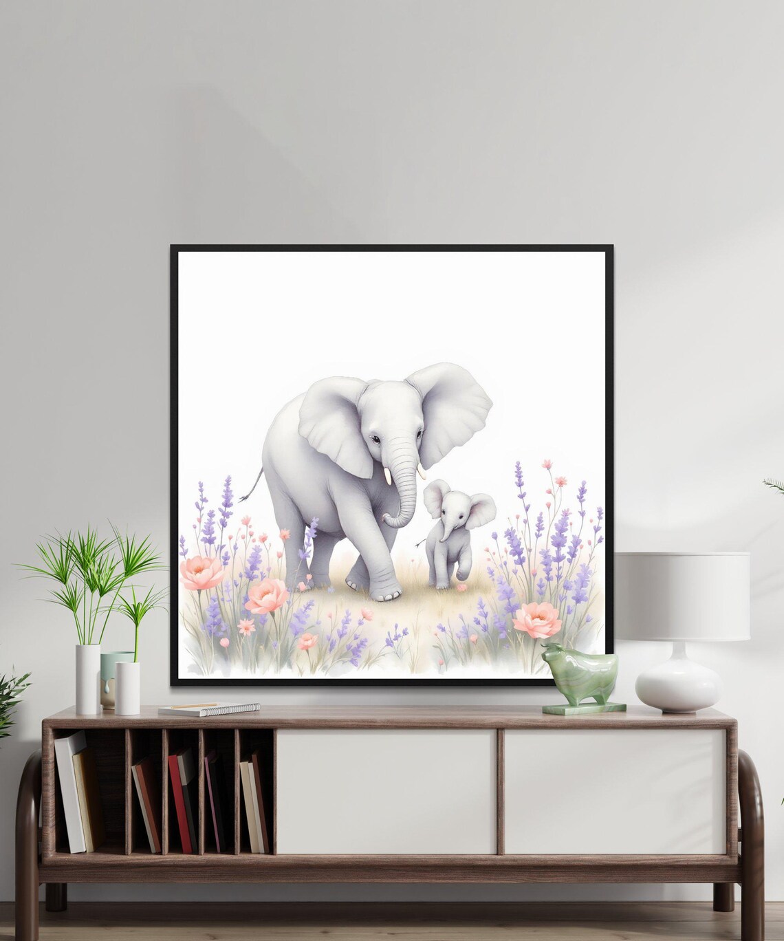 Beautiful Baby Elephant And Mother Wall Art Watercolour Animal Art Nursery Decor Png Baby Elephant Print Pastel Flower