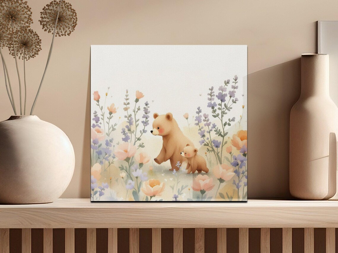 Adorable Bear and Cub in a Flower Field Watercolor Nursery Poster - Image 2