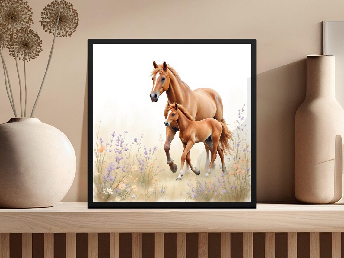 Horse and Foal Strolling Through Lavender Watercolor Farmhouse Poster - Image 3
