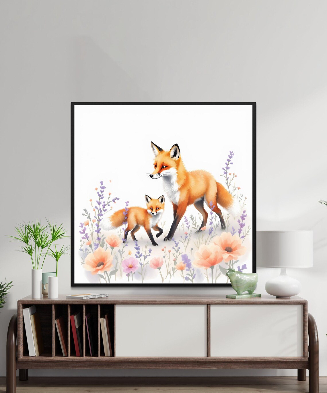 Mother Fox and Cub in a Wildflower Field Watercolor Nursery Poster