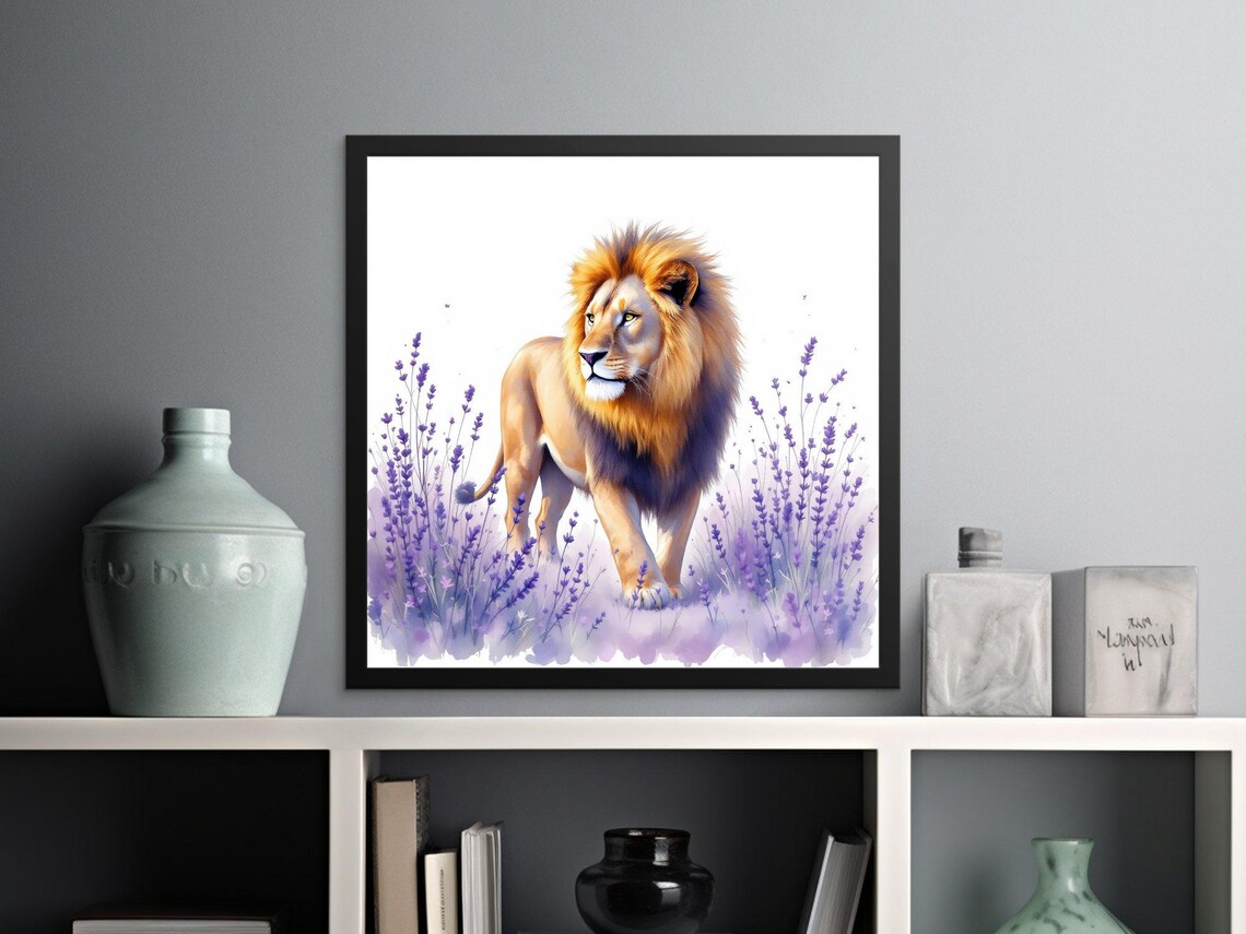 Majestic Lion Standing in Lavender Watercolor Safari Art Poster - Image 2