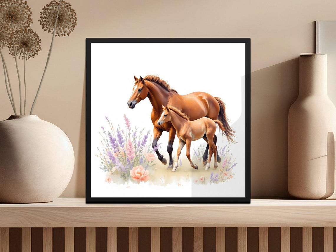 Horse And Foal Watercolor Art Print Floral Horse Animal Wall Art Horse Art Watercolor Animal Art Png File - Image 3