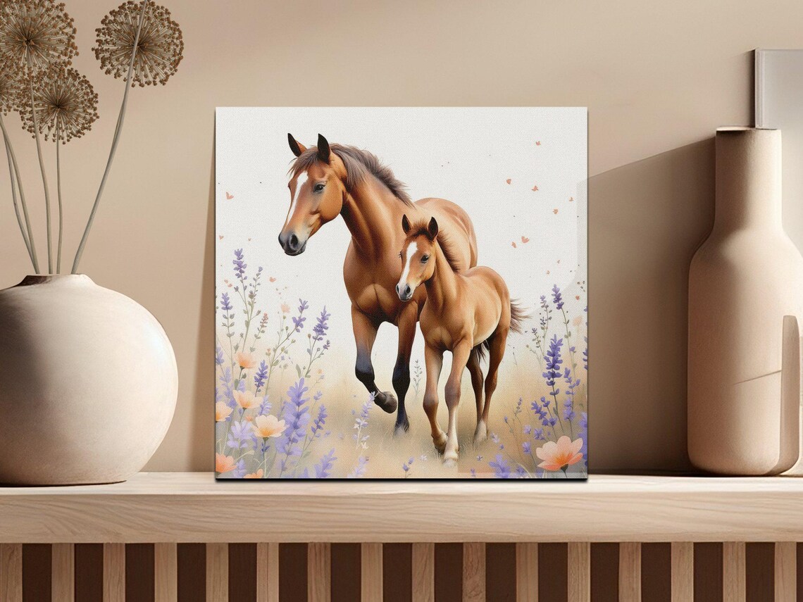 Horse and Foal Walking in a Lavender Meadow Watercolor Art Poster - Image 2