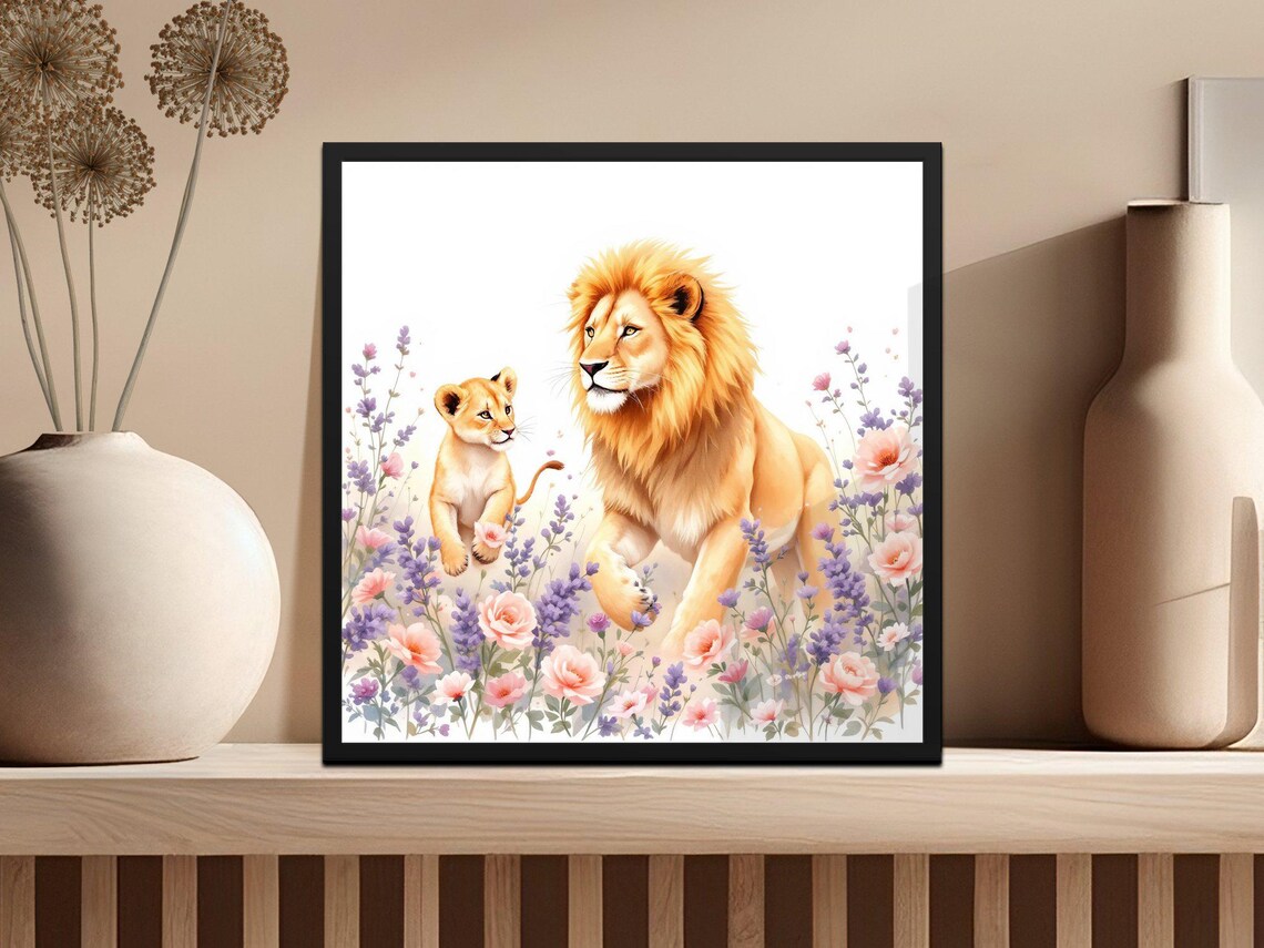Lion and Cub Walking in a Wildflower Field Watercolor Poster - Image 3