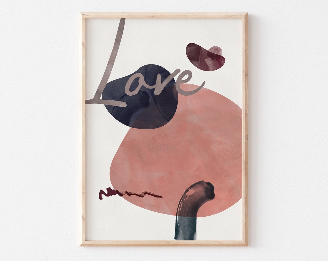 Love Script Abstract Watercolor Shapes Modern Minimalist Wall Art