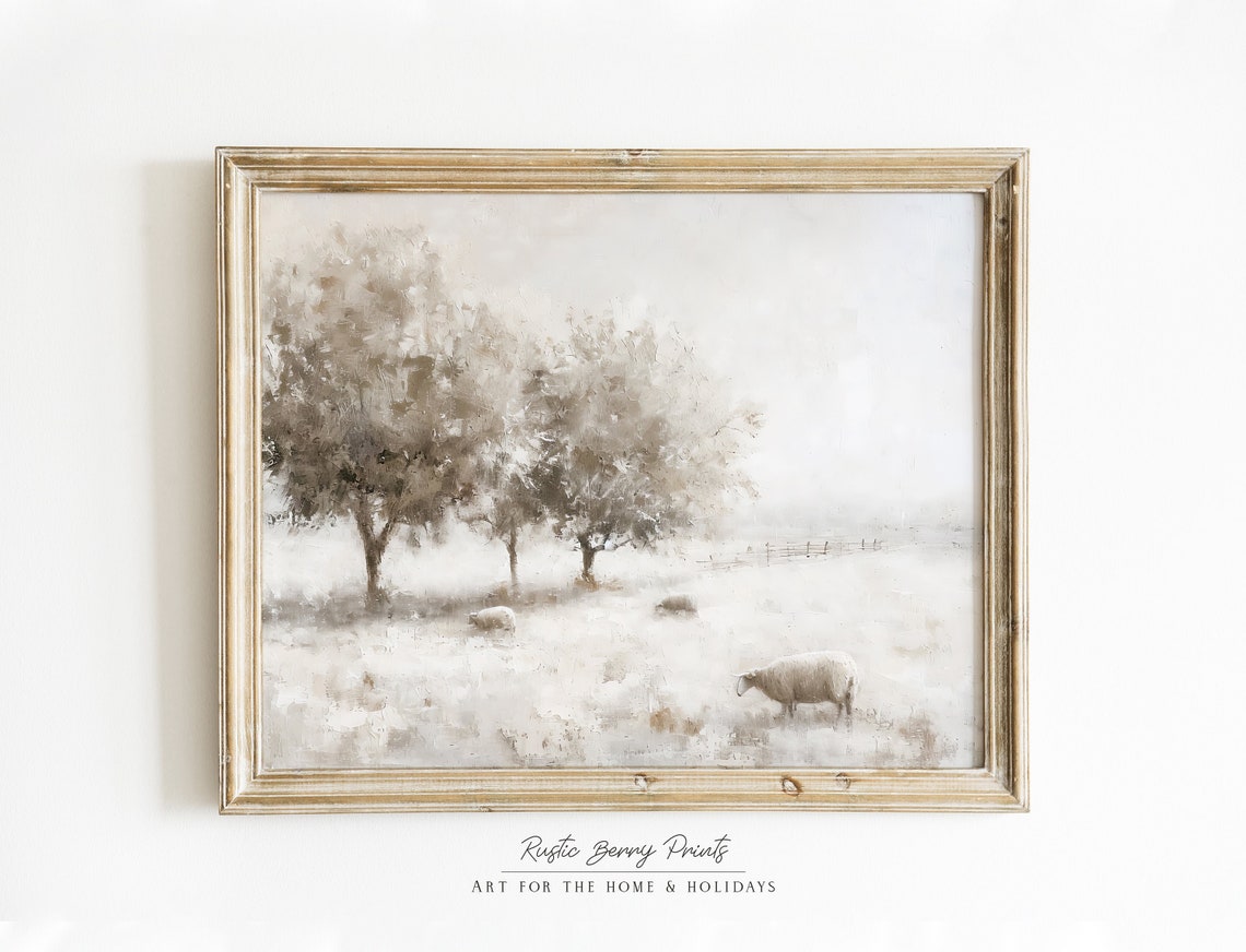 Sheep Grazing Misty White Field Trees Soft Neutral Art Poster