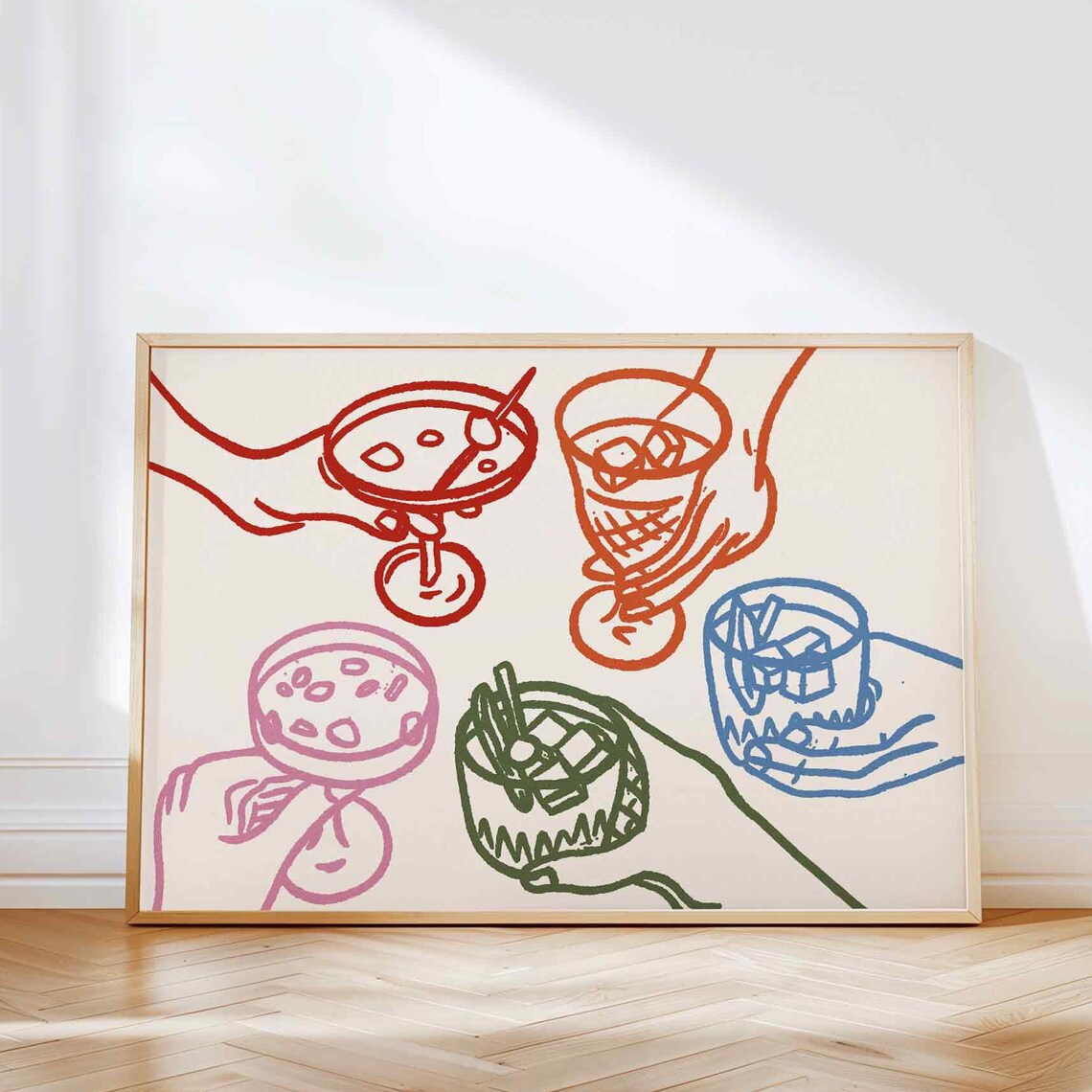 Cheers Colorful Glass Bar Cart Poster, Funky Kitchen Decor