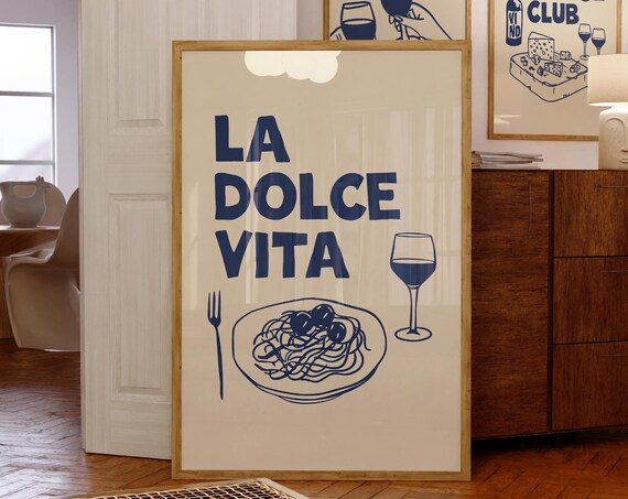 La Dolce Vita Blue Spaghetti Wine Glass Italian Dinner Party Poster