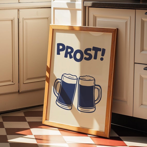 Retro Blue Prost Beer Mug Poster Vintage Bar Decor Brewpub Wall Art Man Cave Print Oktoberfest Party Bar Cart Art Pub Decor Tavern Design