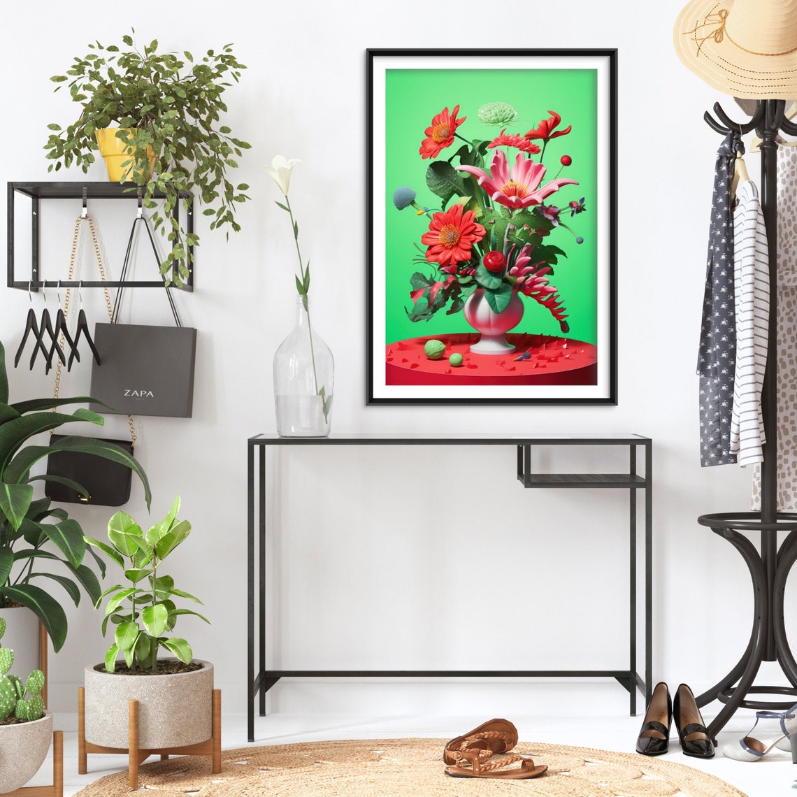 Bold Pink Flower Bouquet in White Vase Neon Green Pop Poster - Image 2