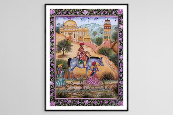 Rajput Horseman with Two Maidens Palace Miniature Court Poster