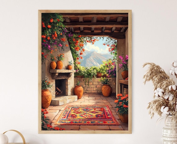 Peruvian Patio With Clay Pots Bougainvillea Mountain View Wall Poster