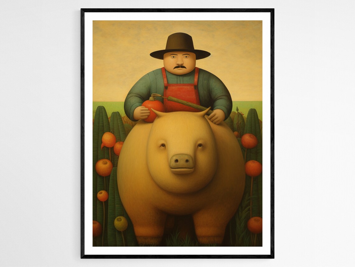 Stout Farmer Riding A Giant Pig Holding A Pumpkin Whimsical Poster