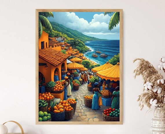 Zambia Marketplace Illustration Colorful Farm Market Painting African Fruit Art Wall Art For Kitchen African Restaurant Decor