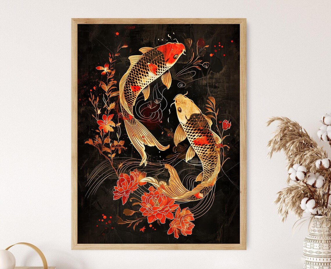 Koi Fish Japanese Elegant Art Print, Housewarming Gift