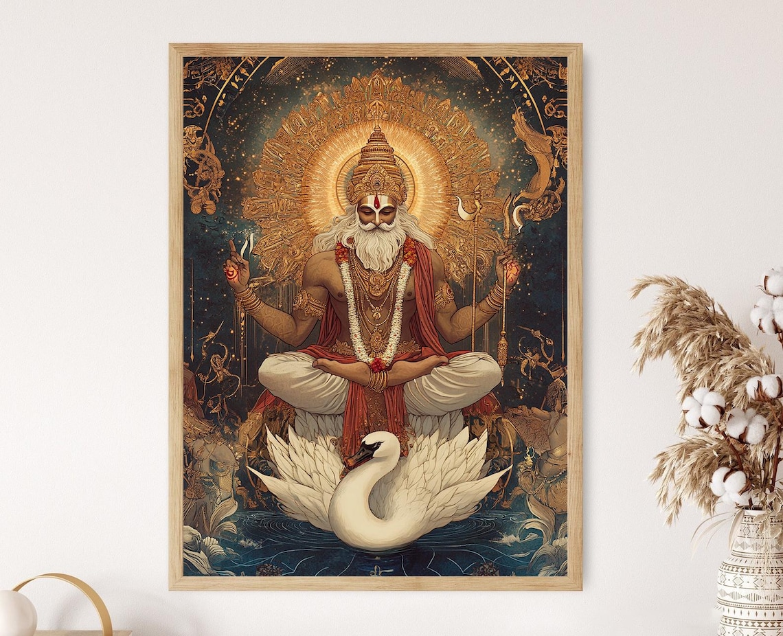 Brahma Hindu God on Swan Art Print, Illustration