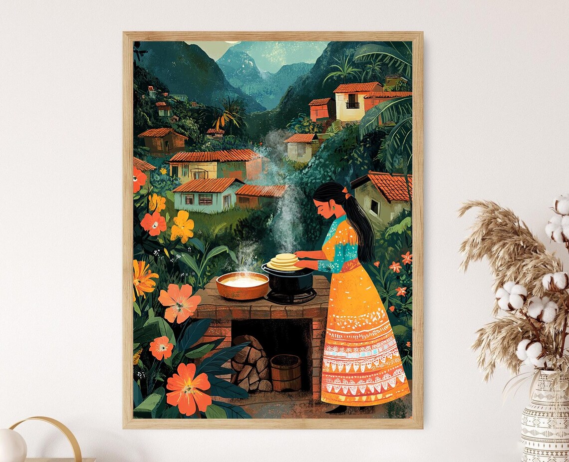 Colombian Woman Cooking Arepas, Cultural Art Print