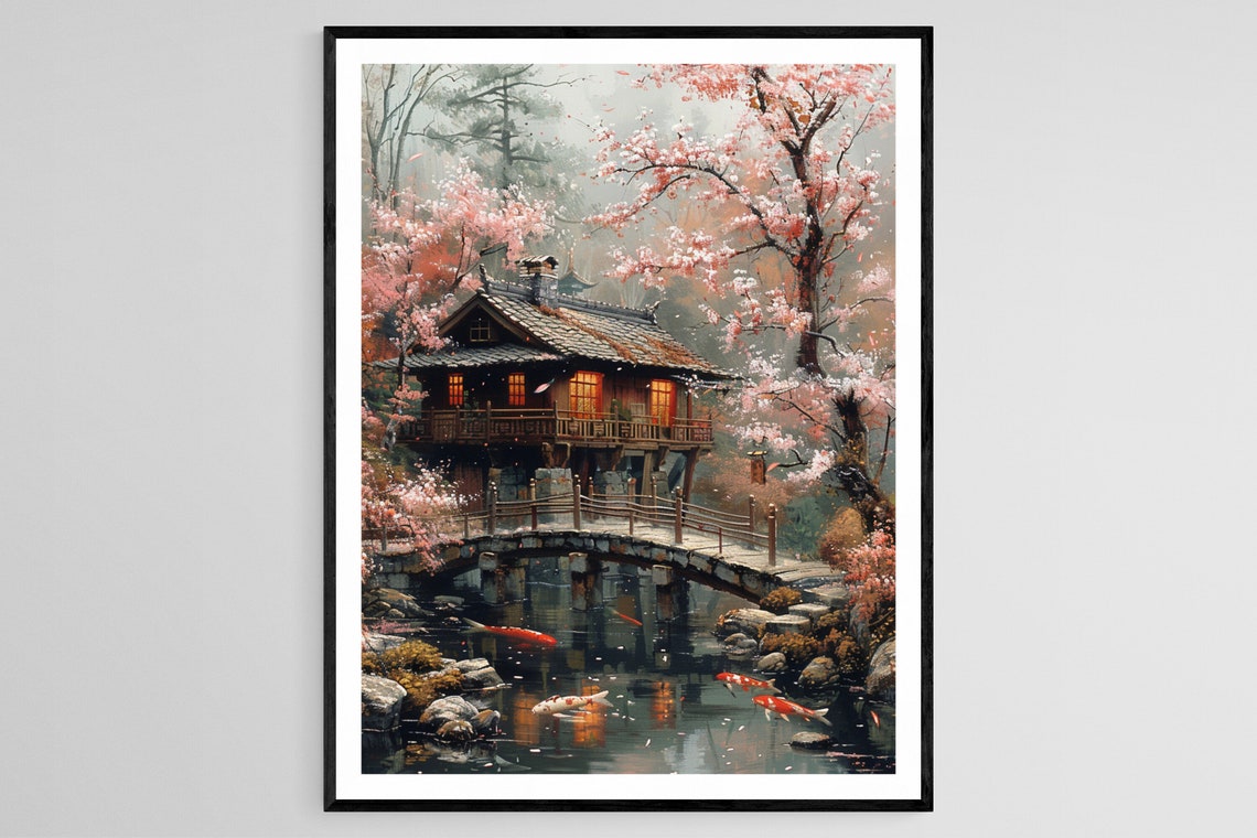 Zen Garden Serenity Japanese Stone Bridge And Bamboo Fountain Painting