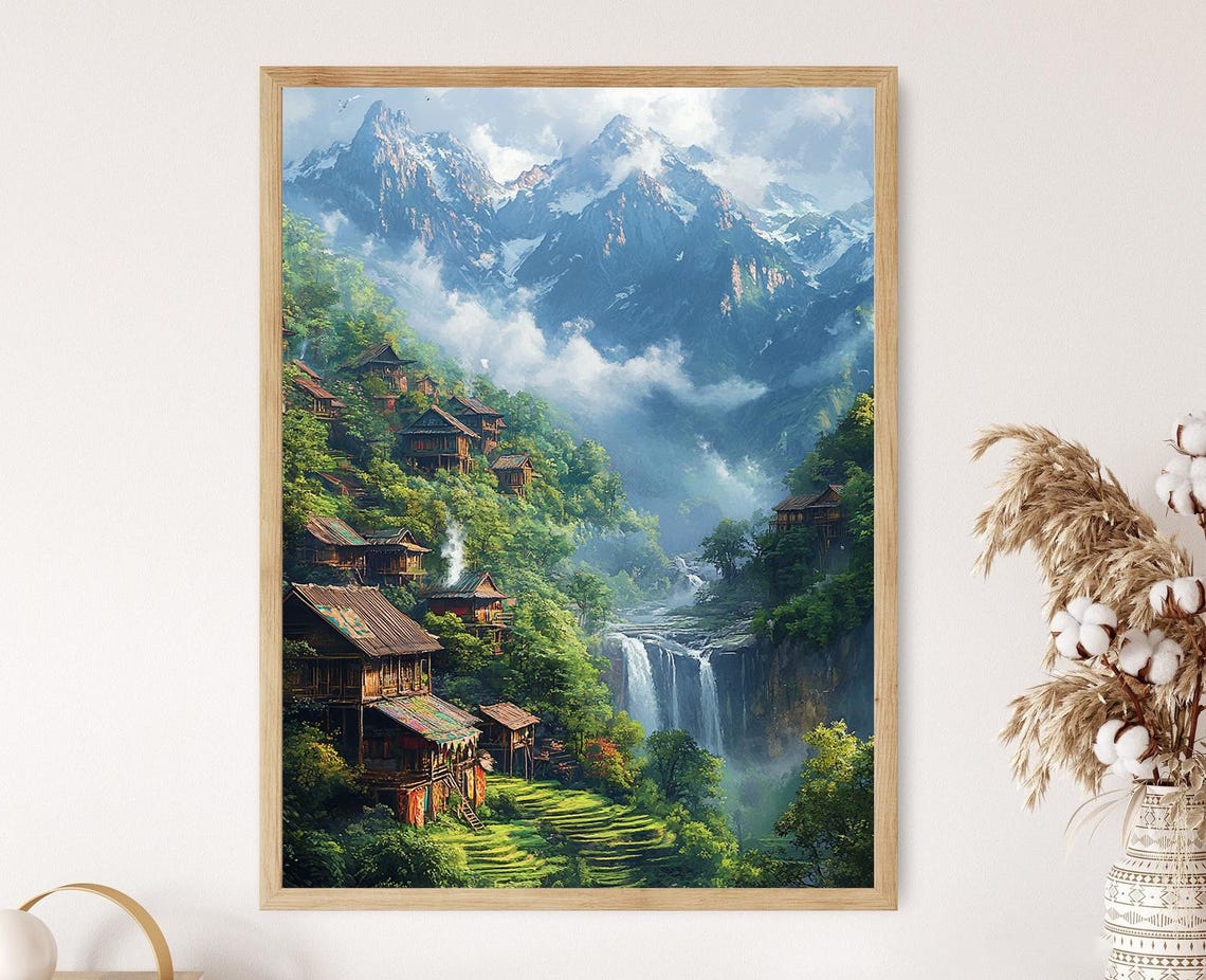 Yunnan Mountain Village Art Print Terraced Field Decor Poster Ethnic Heritage Illustration